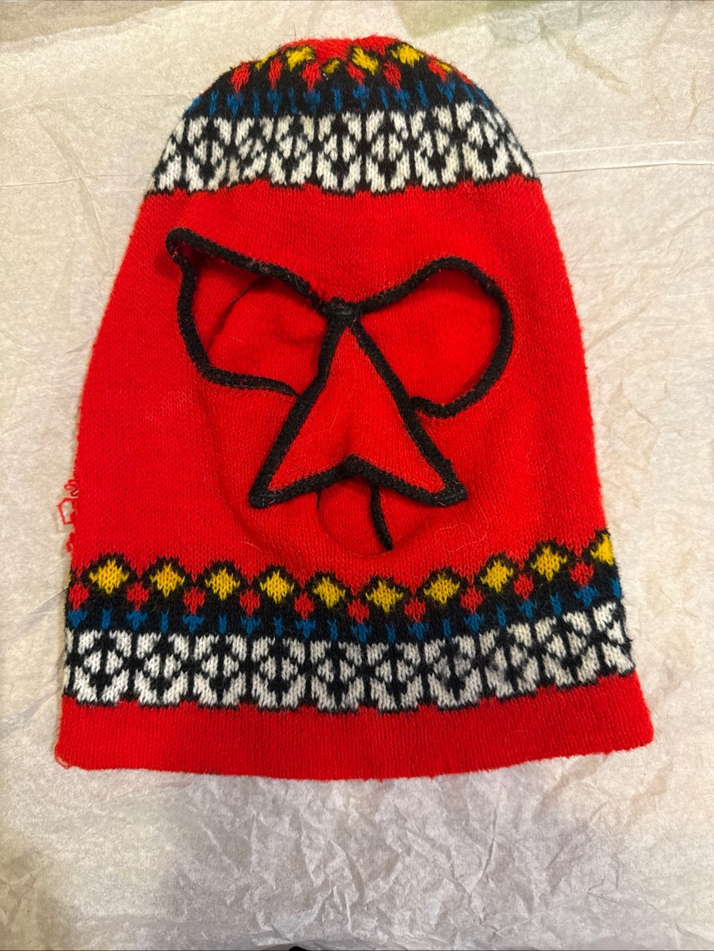 Vintage 1970’s Red Knit Ski Full Face Cover Hat with Multicolor Pattern